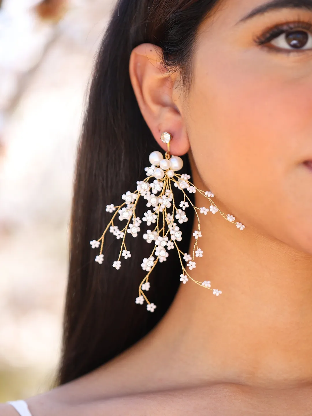 Long Boho Wedding Earrings, Pearl Bridal Earrings, Rose Gold Chandelier Wedding Earrings, Statement Bridal Jewelry, Statement Earrings