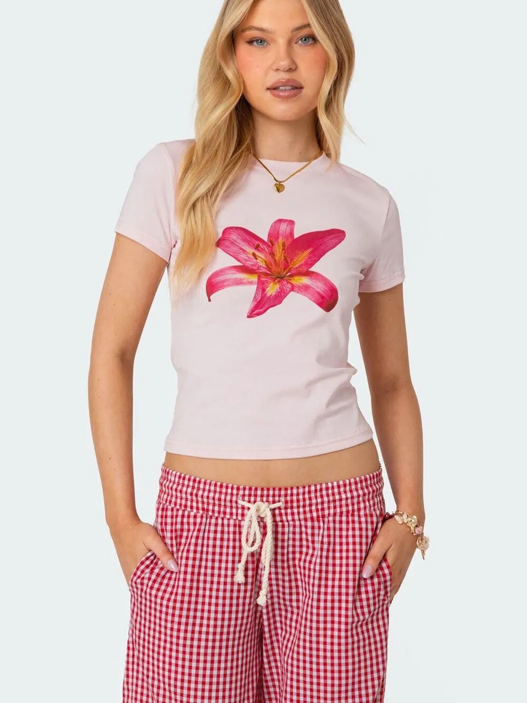 Pink Lily Graphic Baby Tee, Y2K Crop Top, Floral Print T Shirt, Soft Summer