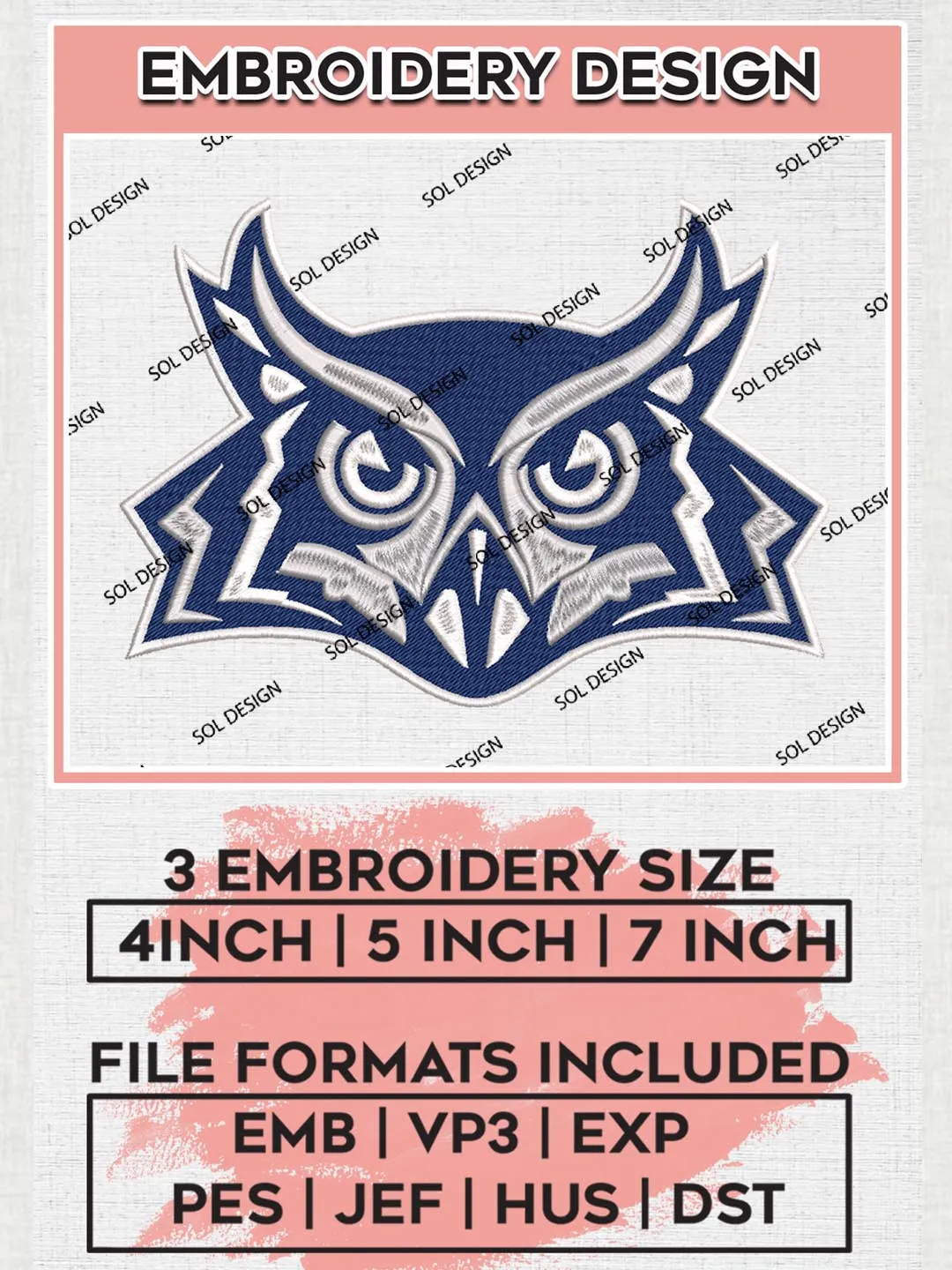 Rice Owls Head Logo Embroidery Files, NCAA Rice Owls Team Embroidery, NCAA Owls Machine embroidery designs, Digital Download