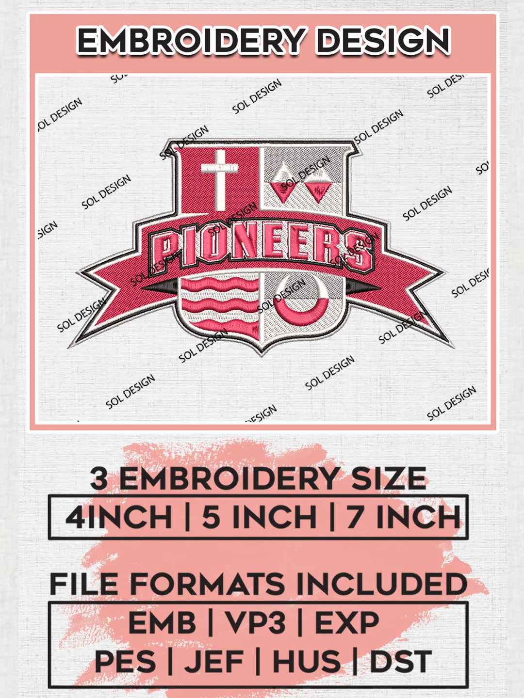 Sacred Heart Pioneers NCAA Team Logo Embroidery Design Files, NCAA Sacred Heart Pioneers Machine Embroidery, NCAA Teams, 3 sizes, NCAA Machine embroidery designs, Digital Download