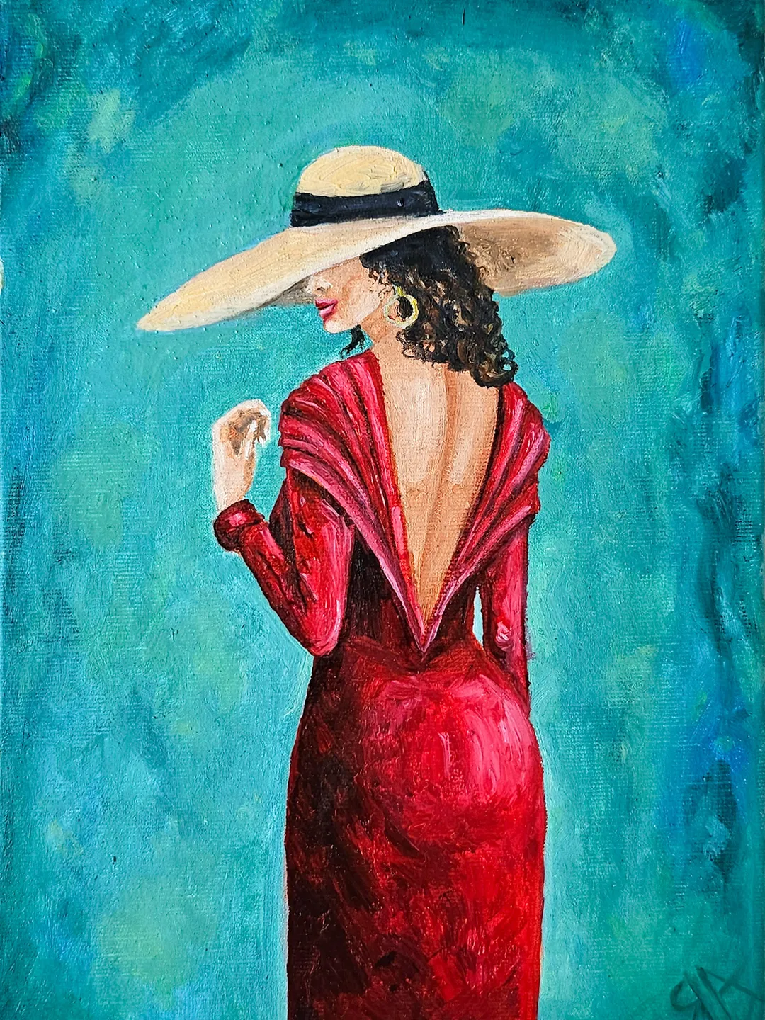 chinese dress ladies 60s ORIGINAL OIL PAINTING portrait of a young gypsy woman in red dress –  VINTARAMA main image 0