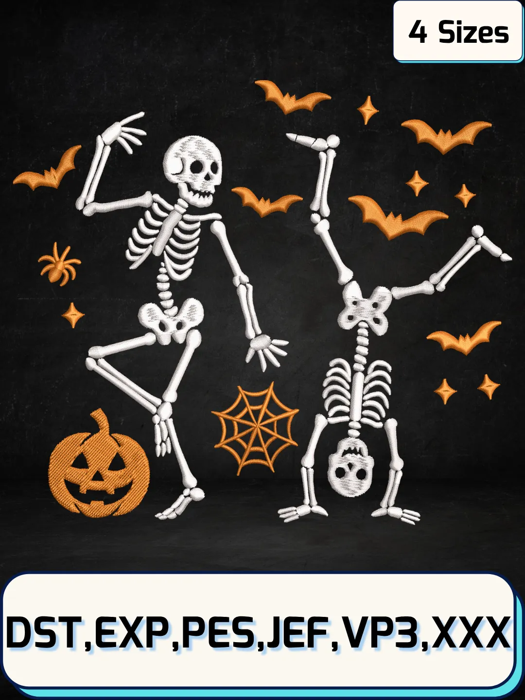 Dancing Skeletons With Pumpkins Embroidery Design,Halloween Embroidery File,Machine Embroidery File,4 Sizes, Digital Download