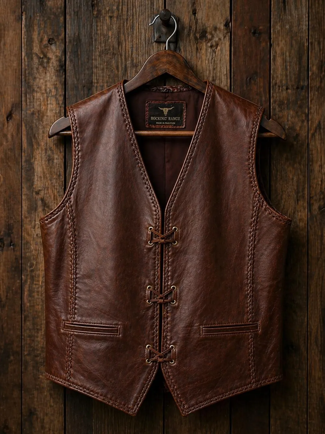 Men's Brown Full Grain Lambskin Leather Cowboy Vest, Handmade