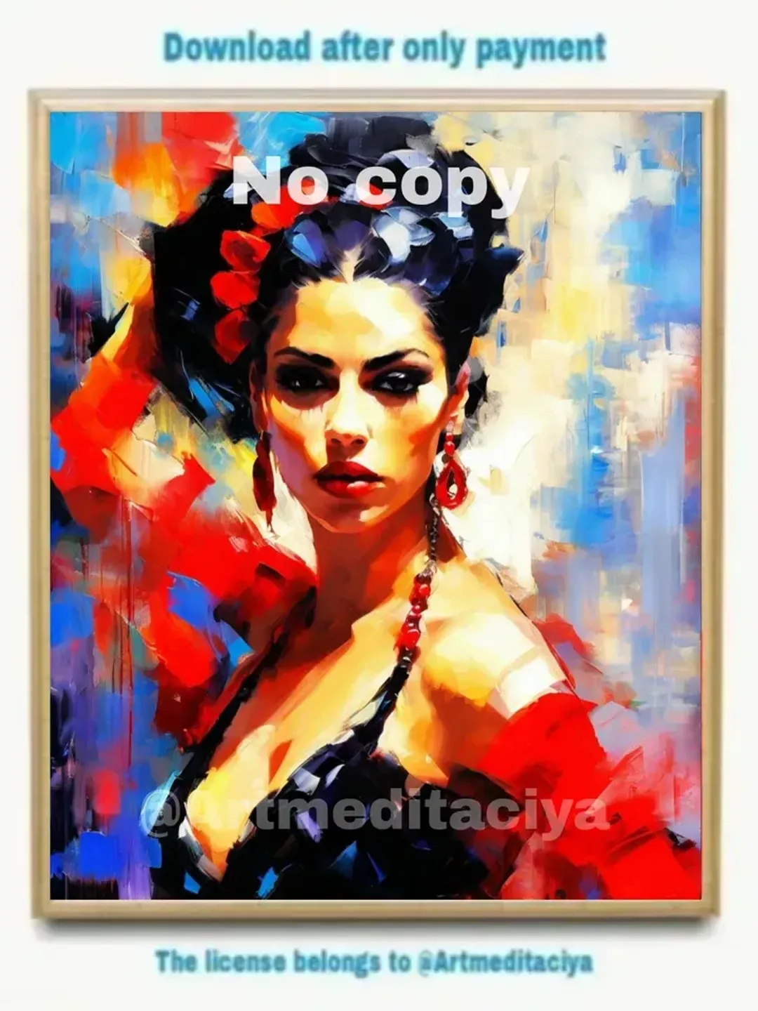 Digital abstract painting "Carmen's Dance" in the style of oil painting with a palette knife on an abstract yellow-red-white-blue background. This is a concise image of a beautiful burning Spanish brunette with expressive fluffy eyelashes in a black, red