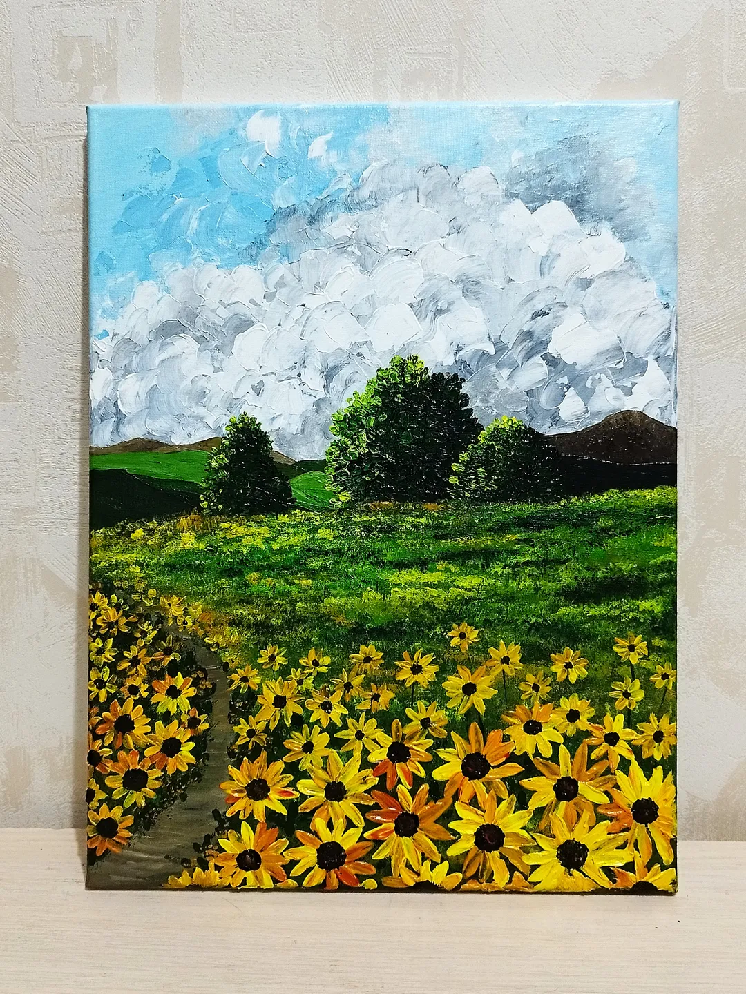 Sunflowers Landscape Textured Acrylic Painting Artwork Impasto