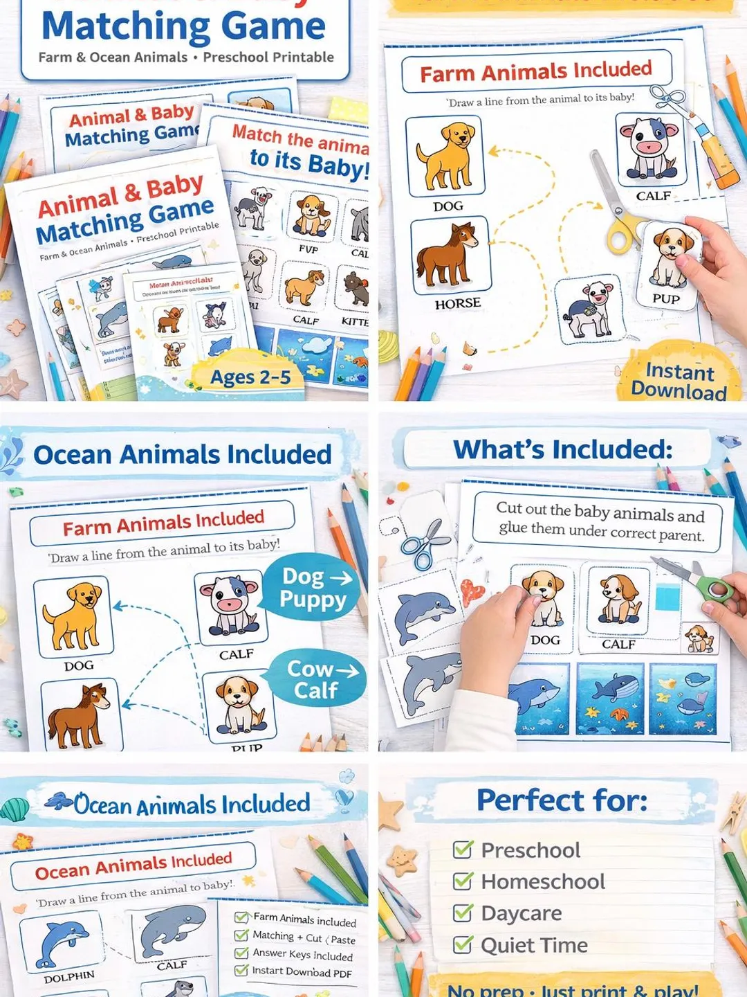 Animal & Baby Matching Game Printable | Farm and Ocean Animals ...