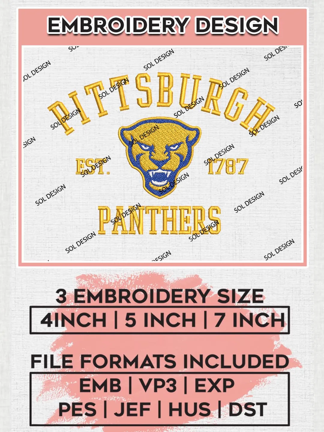 Pittsburgh Panthers Est 1787 Embroidery Designs, NCAA Pittsburgh Panthers Team Embroidery, NCAA Team Logo, 3 sizes, Machine embroidery Files, Digital Download