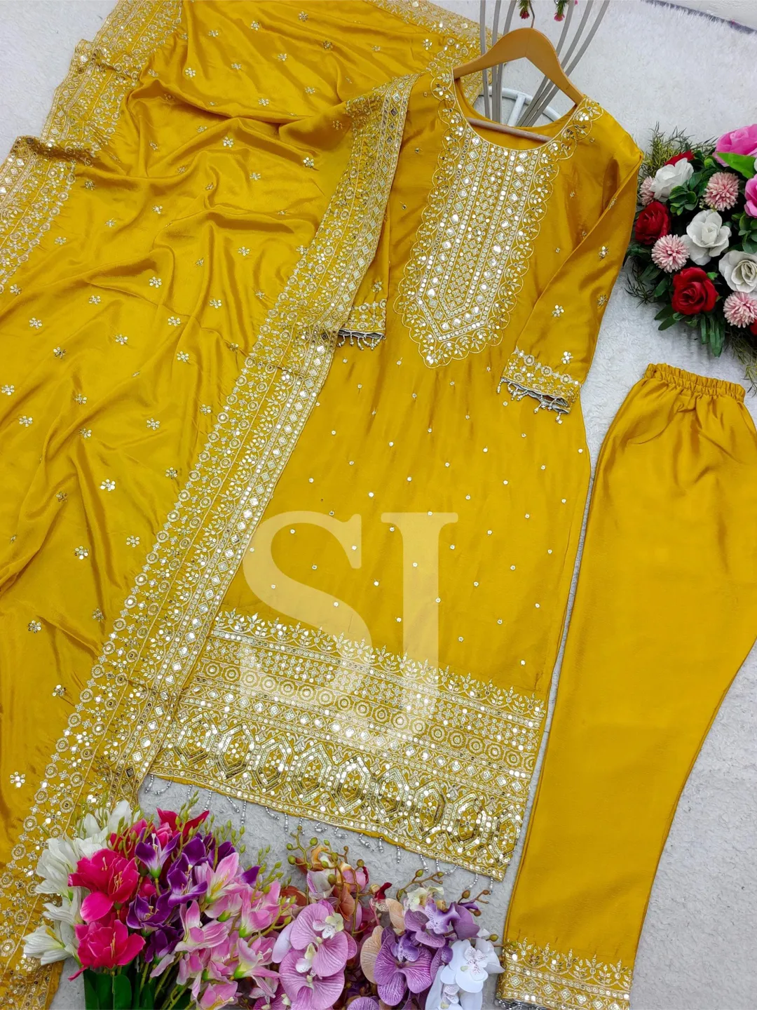 Yellow Salwar Kameez Readymade Suit, Women Wear Red Kurta Palazzo Dupatta Set, Embroidered Sequence Kurti Pant Set 3Pc Combo Stitched Suit