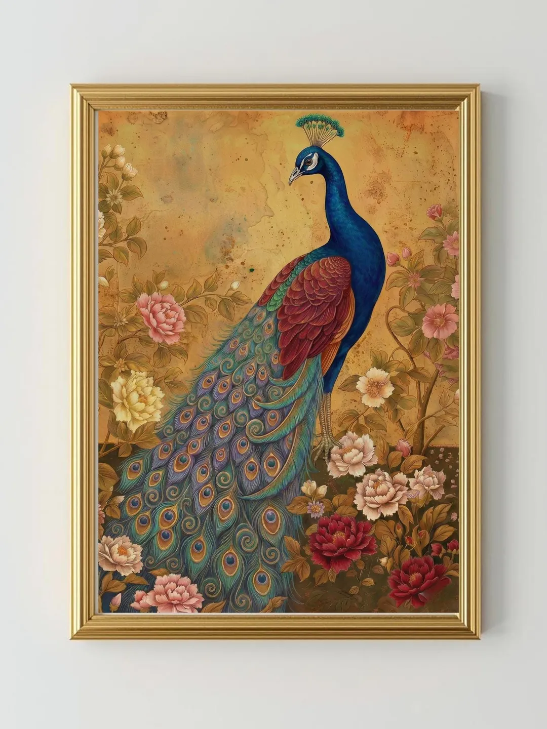 Vintage Peacock Print, Indian Folk Art, Palace Garden decor