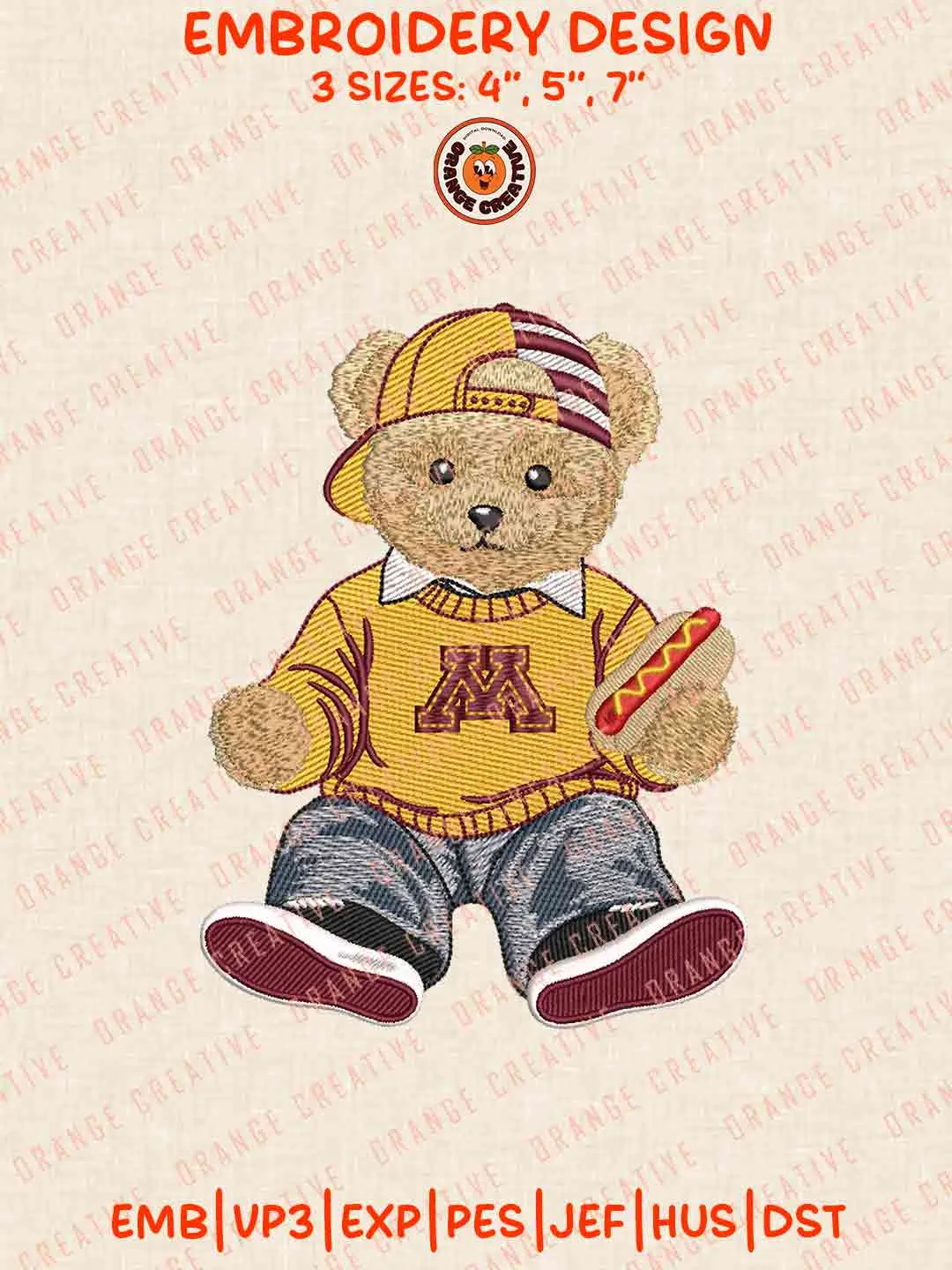Minnesota Golden Gopher Teddy Bear Embroidery Design Files, Football Embroidery Designs, Sport Machine Embroidery Files, 3 Sizes, Custom Sizes, Instant Download