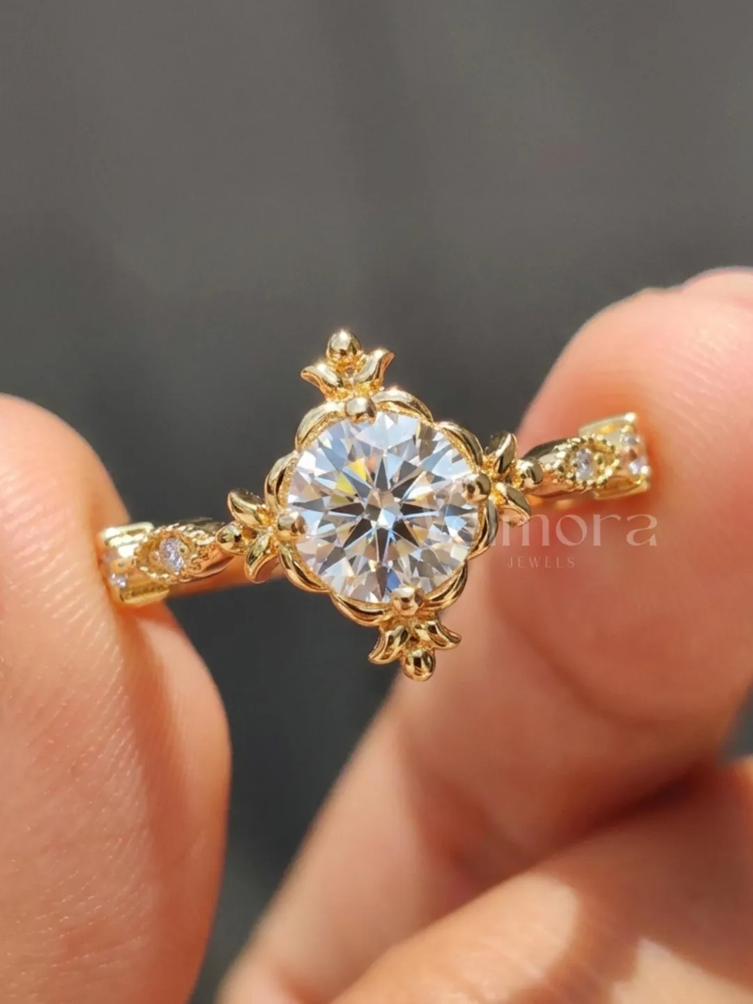 Vintage Style Round Cut Ring, Gold Floral Engagement Ring