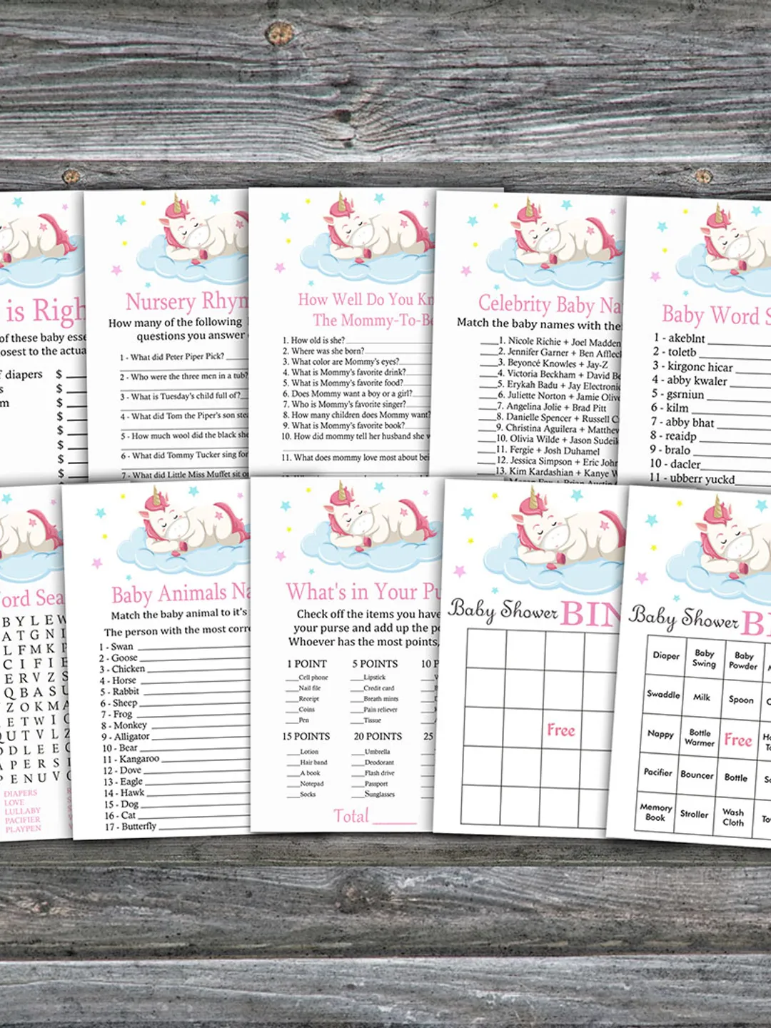 Sleeping Unicorn baby shower games bundle,Unicorn theme Baby Shower games package,Fun Baby Shower Games,9 Printable Game