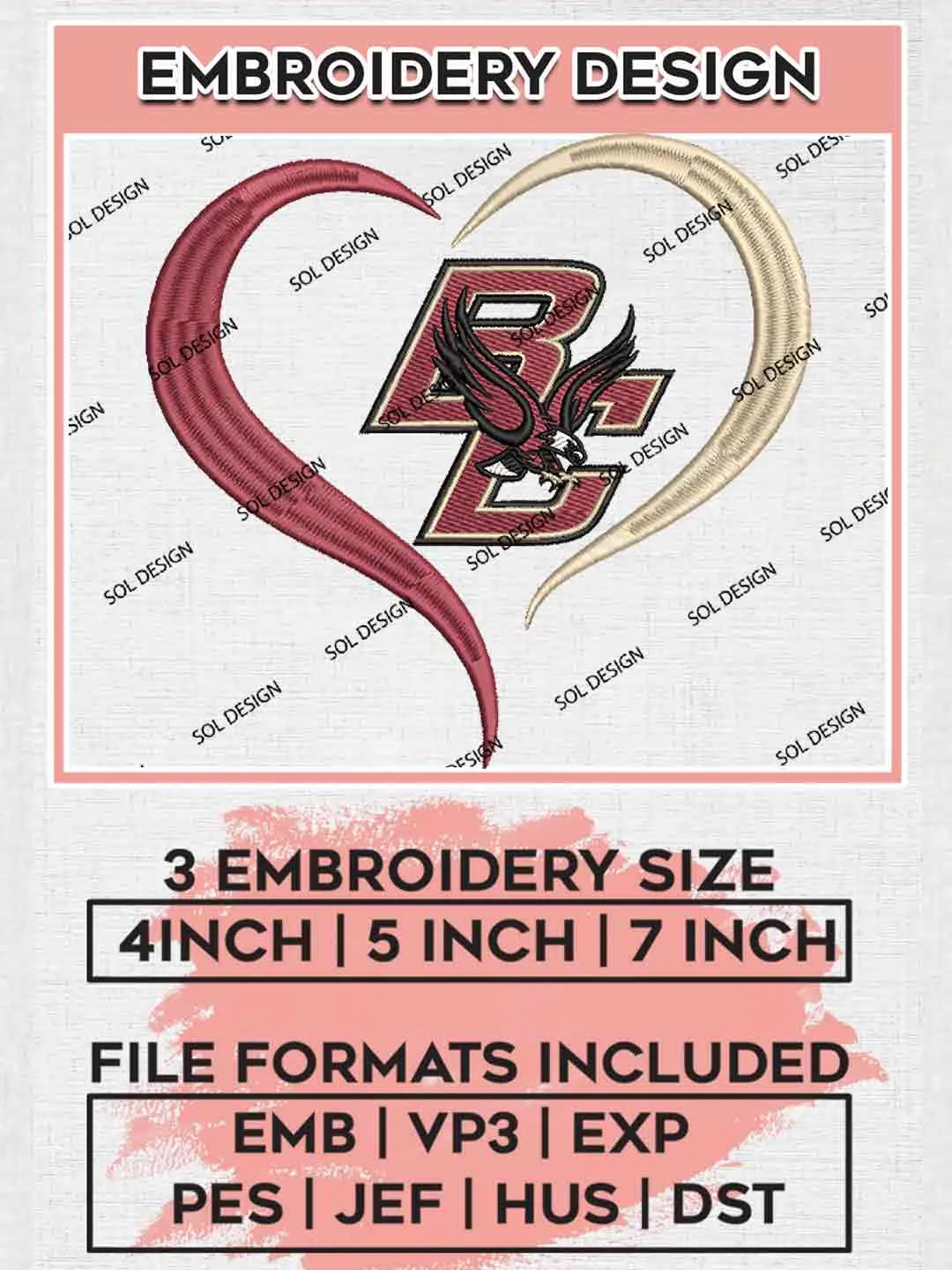 Boston College Eagles Heart Logo Embroidery Designs, NCAA Boston College Eagles Logo Embroidery files, NCAA Team, College Football Team Machine embroidery designs, Digital Download
