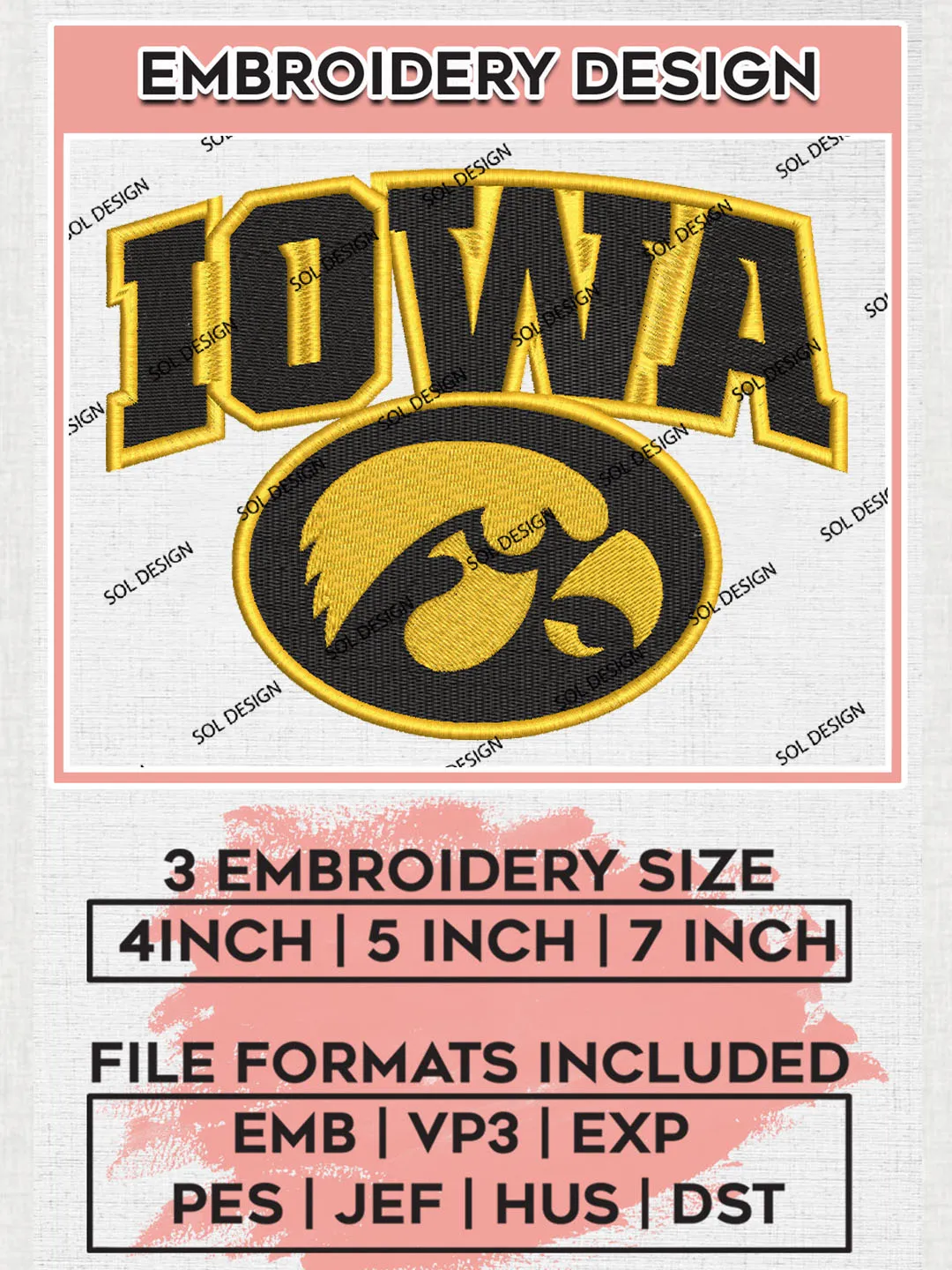 NCAA Iowa College Team Logo Embroidery Design Files, NCAA Iowa Hawkeyes Machine Embroidery, NCAA Teams, 3 sizes, NCAA Machine embroidery designs, Digital Download