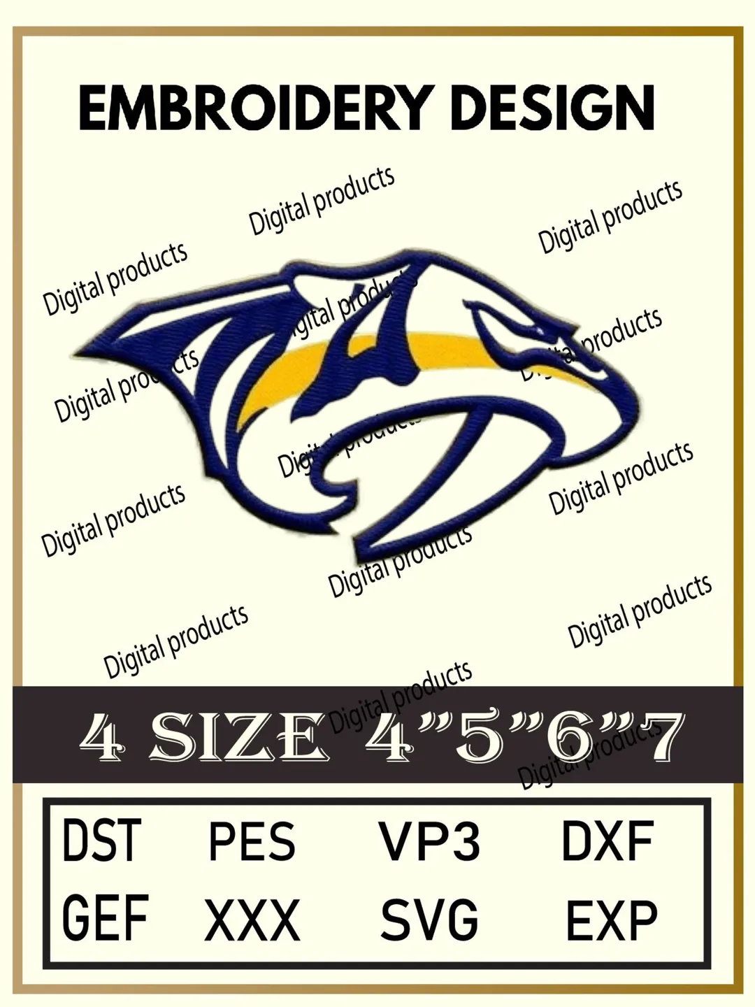 Predator Tiger Embroidery Design Digital Mascot Pattern with Blue, Yellow, and White Detailing for Machine Embroidery Projects in Four Sizes with Multiple Compatible Formats Including DST, PES, VP3, DXF, GEF, XXX, SVG, EXP