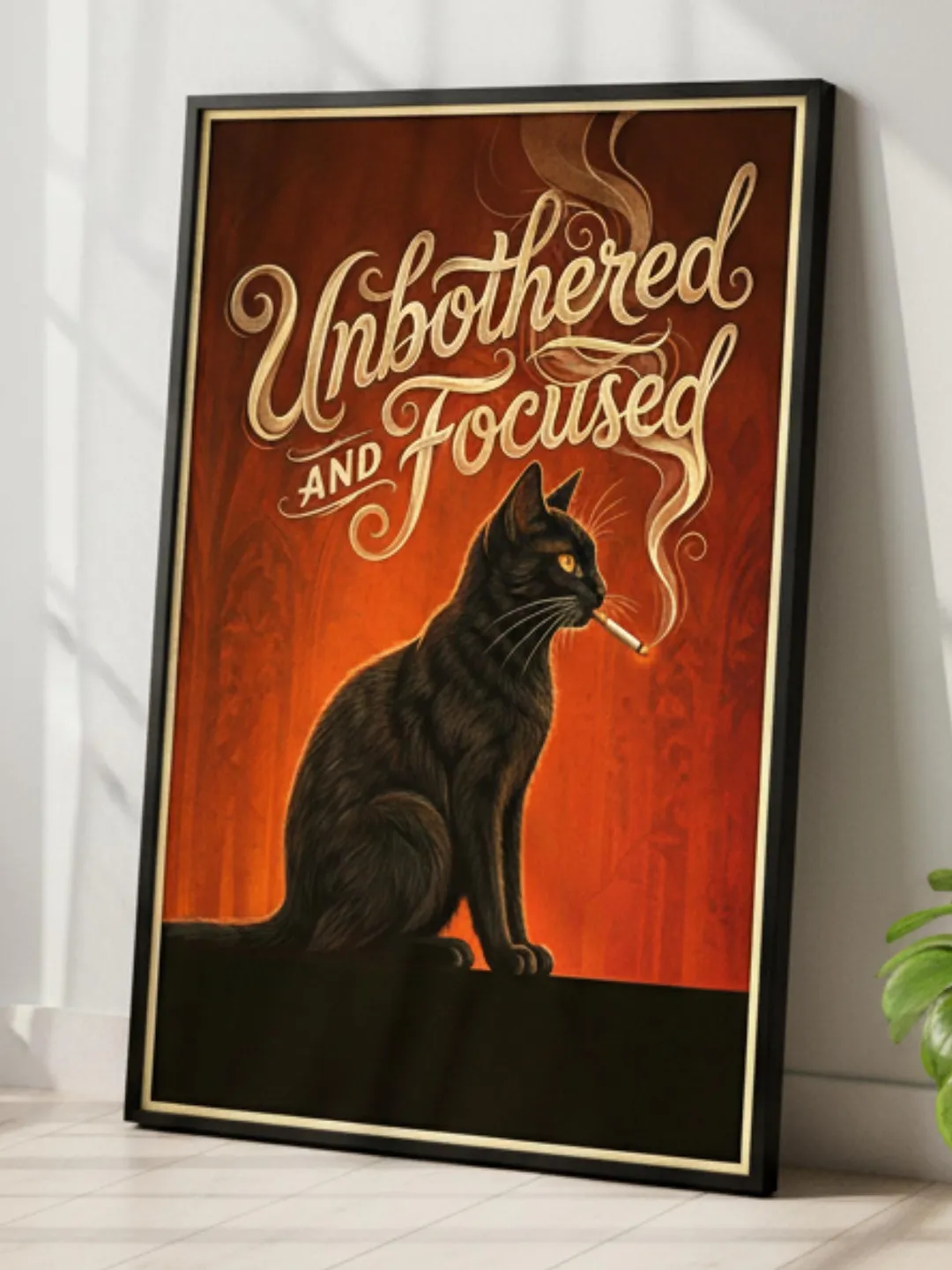cat smoking cigarette poster Moody Black Whimsical Cat with Wall Art - Funny Gothic Dark Humor Home Decor Smoking Cat Poster - Black