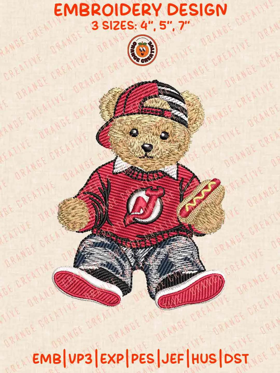 NHL New Jersey Devils Team Teddy Bear Hot Dog Embroidery Files, Cute Sport Teddy Bear Embroidery Designs, NHL Hockey Team, New Jersey Devils Designs, Digital Download
