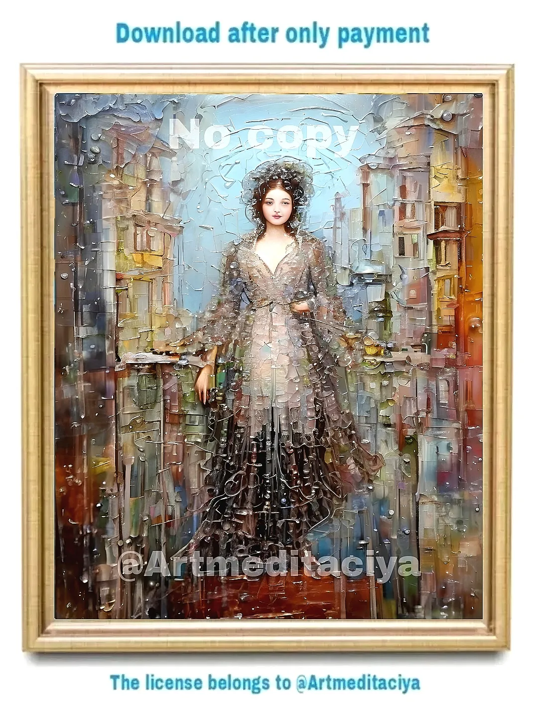 Digital abstract 3d textured modern painting "Lady on a walk", in a transparent openwork long dress in a beige - brown hat of the 19th century against the background of an abstract city in the style of oil painting with a palette knife