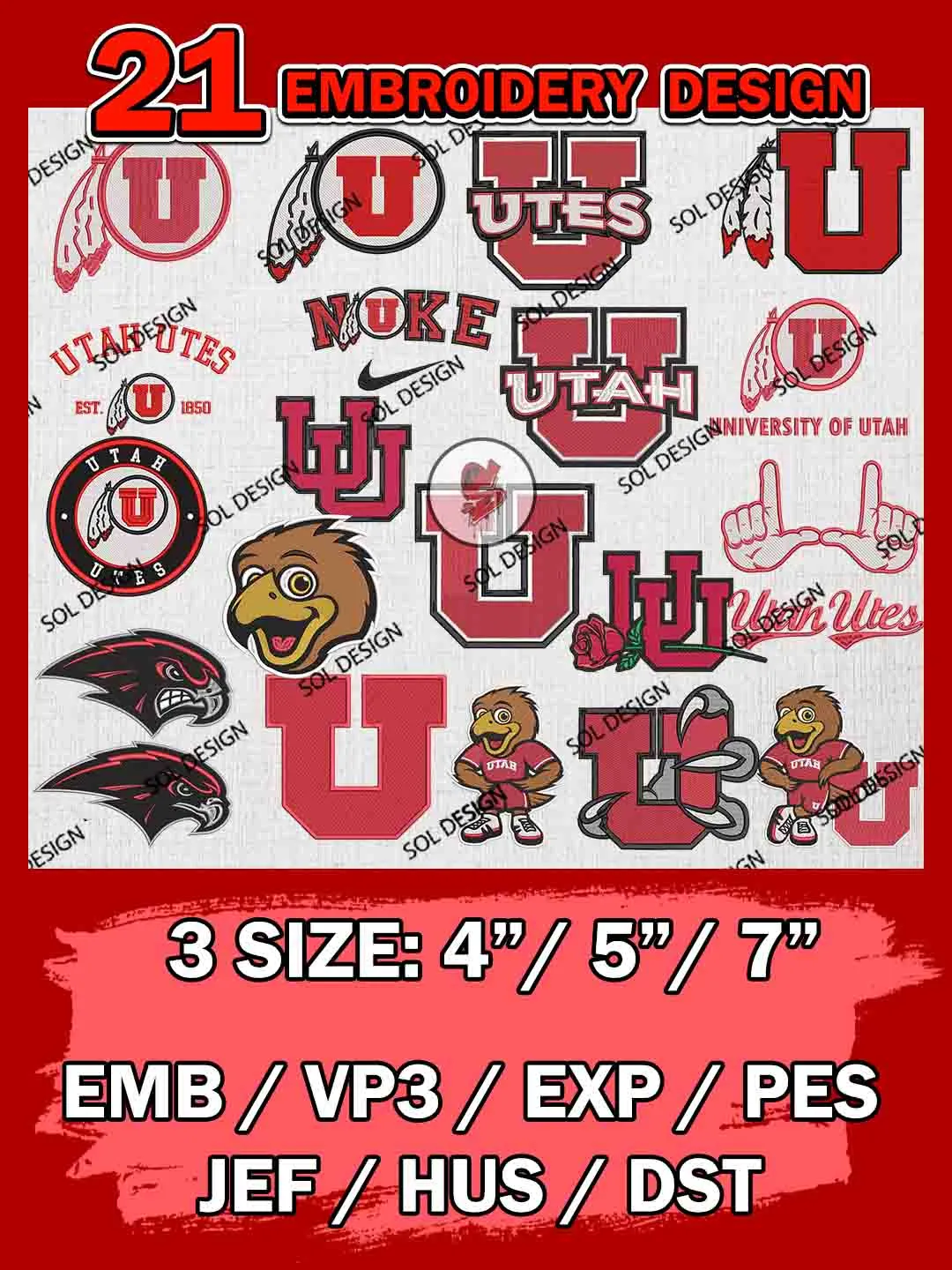 21 NCAA Utah Utes Bundle Embroidery Files, NCAA Utah Utes Team Bundle Embroidery Designs, NCAA Teams, National College Football Team 3 sizes, NCAA Utah Utes Machine Embroidery, Digital Download