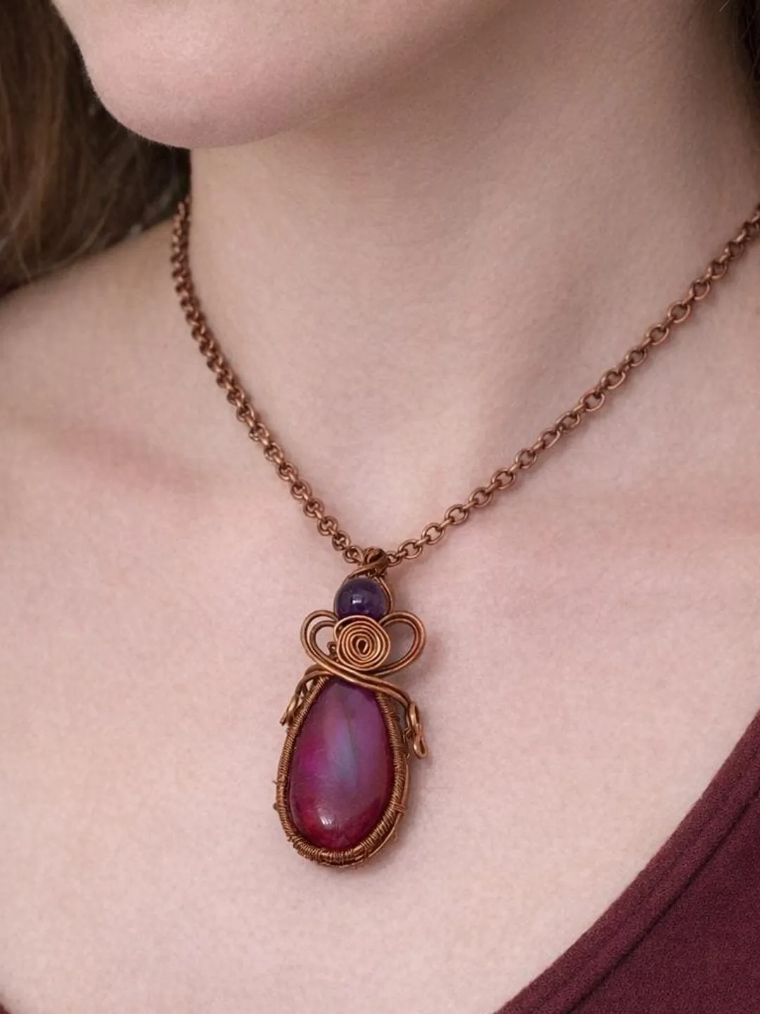 Handmade Pink Labradorite Teardrop Pendant, Copper Wire Wrapped Healing Crystal Jewelry, Spiritual Chakra Protection Amulet Boho Gift