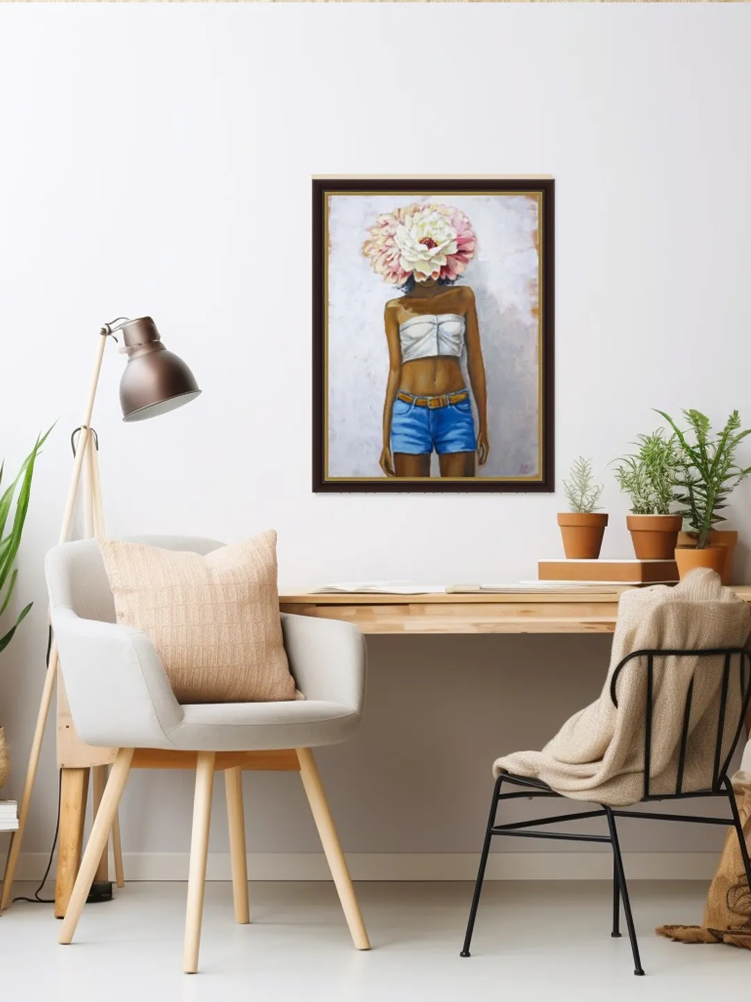 Original Oil Painting Portrait of a Girl with of Flowers Woman Without ...