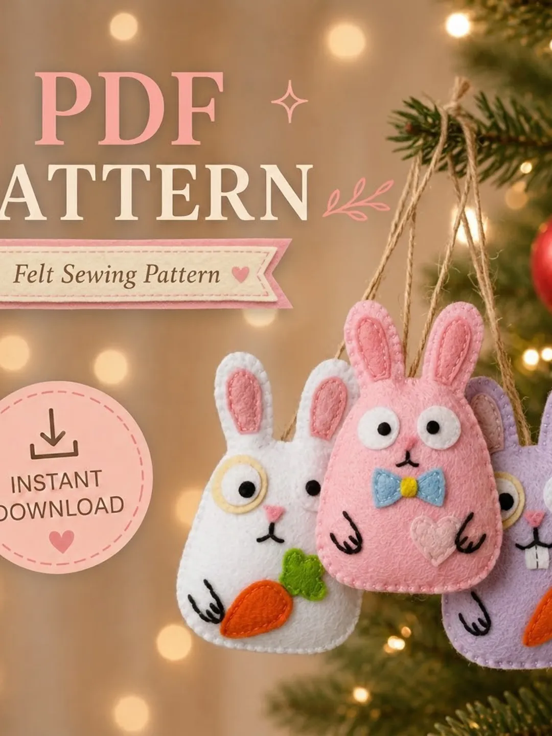 Felt Bunny Sewing Pattern PDF, Beginner-Friendly Easter Bunny Ornament Tutorial, Instant Download