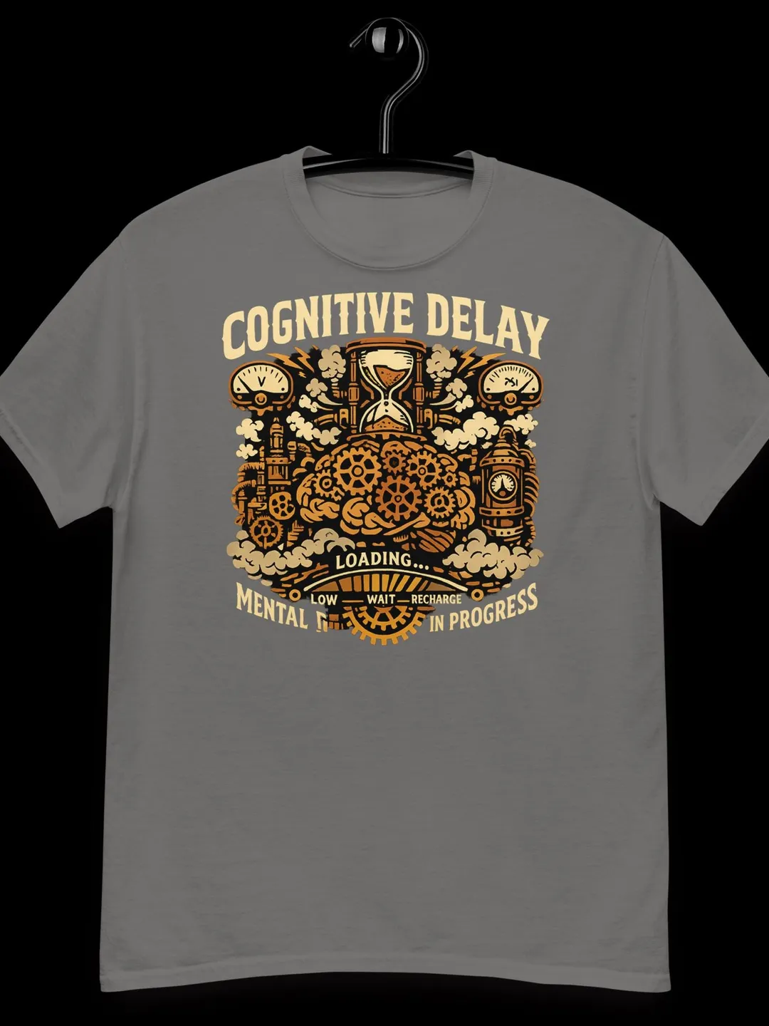 Cognitive Delay Steampunk Gear T-Shirt - Vintage Hourglass Graphic Tee - Retro Mechanical Brain Shirt - Funny Sarcastic Loading Apparel