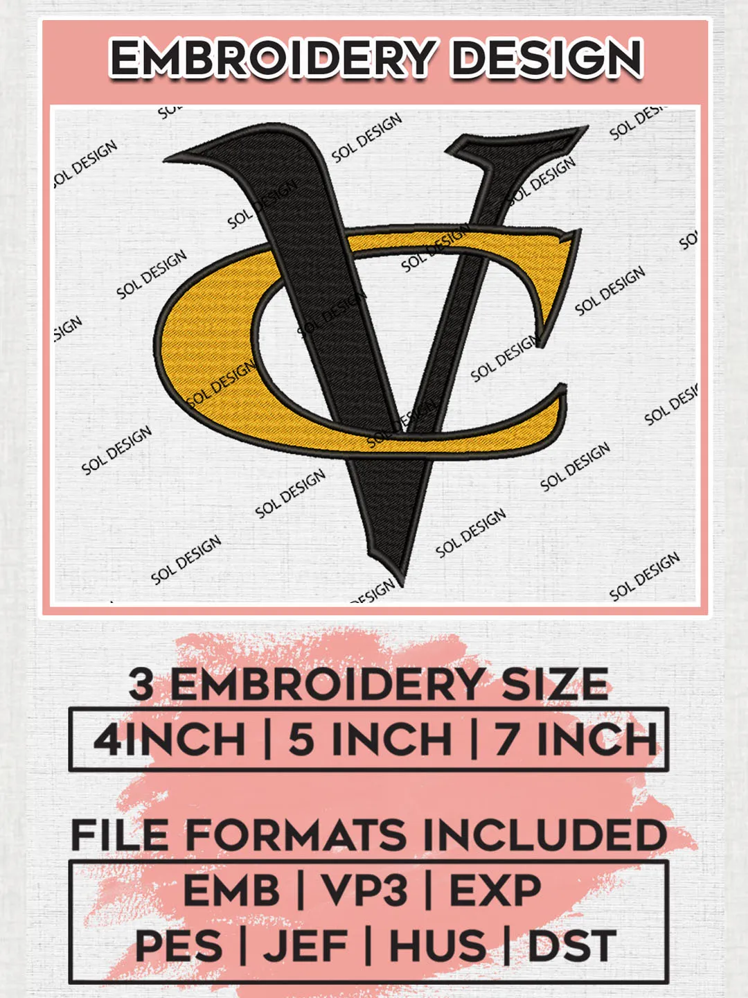 NCAA VCU Rams Team Letter Logo Embroidery Design Files, NCAA VCU Rams Machine Embroidery, NCAA Teams, 3 sizes, NCAA Machine embroidery designs, Digital Download