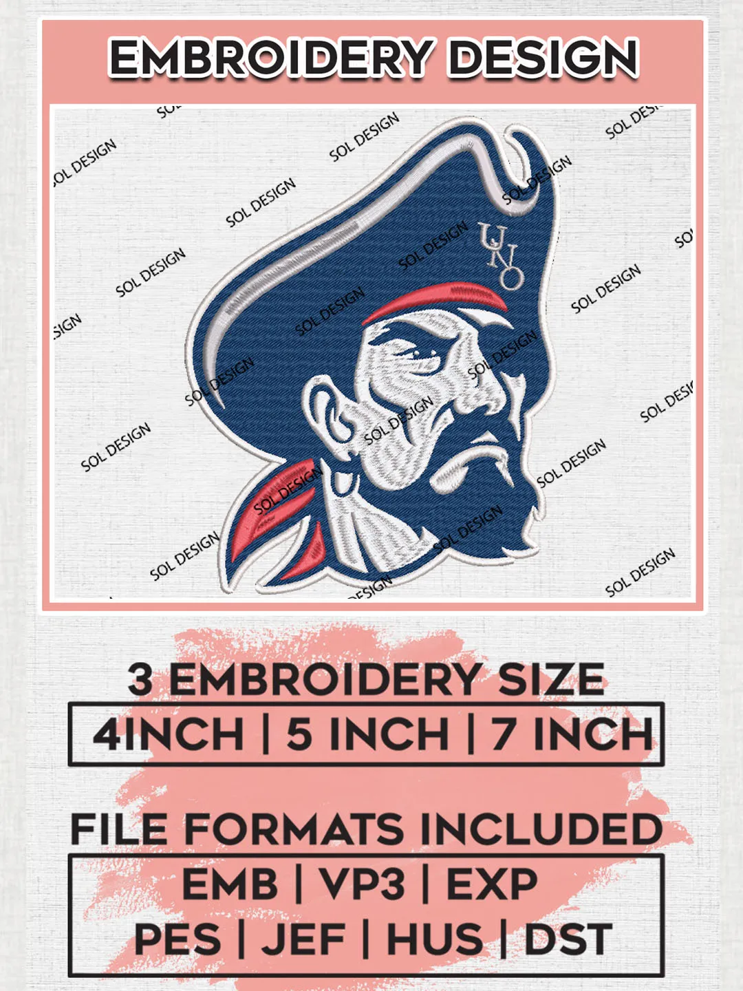 NCAA New Orleans Privateers College Football Team Head Mascot Logo Embroidery Design Files, NCAA New Orleans Privateers Machine Embroidery, NCAA Teams, 3 sizes, NCAA Machine embroidery designs, Digital Download