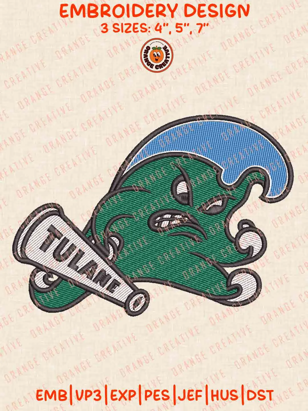 Tulane Green Wave Mascot Logo Embroidery Design, NCAA Tulane Green Wave Team Machine Embroidery Digitized Pes File, 4 Sizes, Custom Size, Instant Download