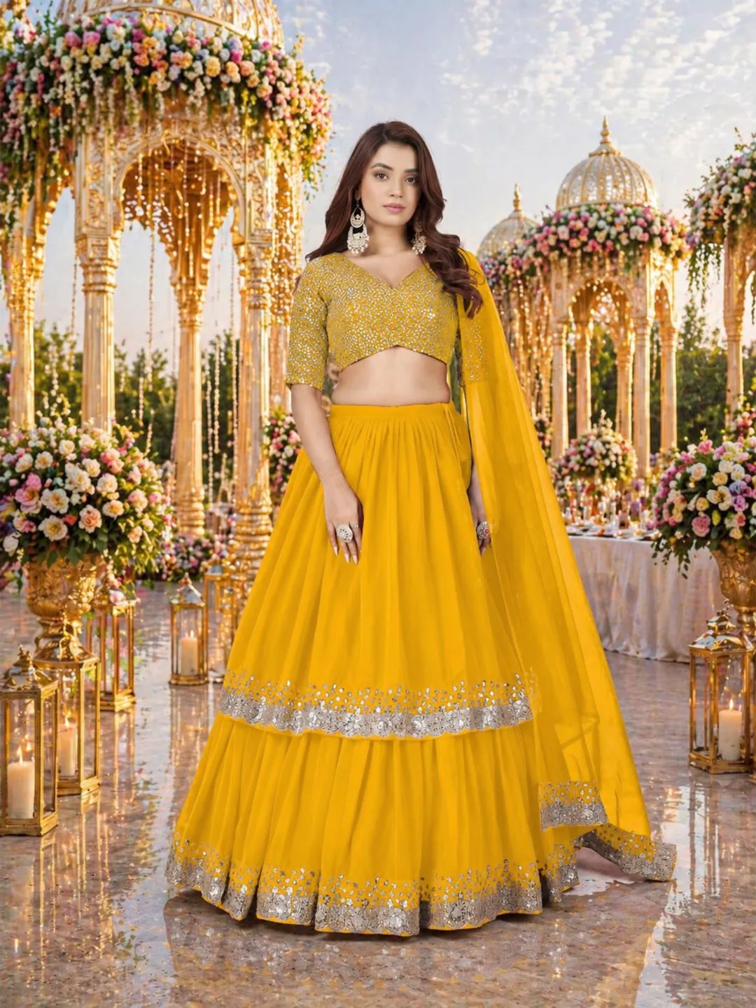 Yellow Sequin Embroidered Ready To Wear Lehenga Choli: Indian Wedding Wear