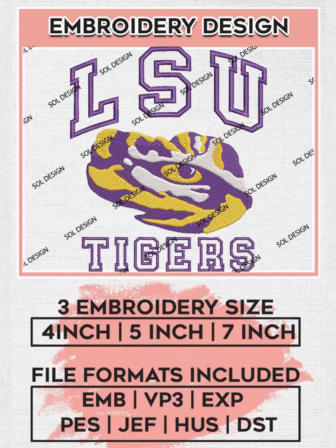 LSU Tiger Head Embroidery Design, Football Embroidery files, Sport Machine embroidery files, 3 sizes, Instant Download