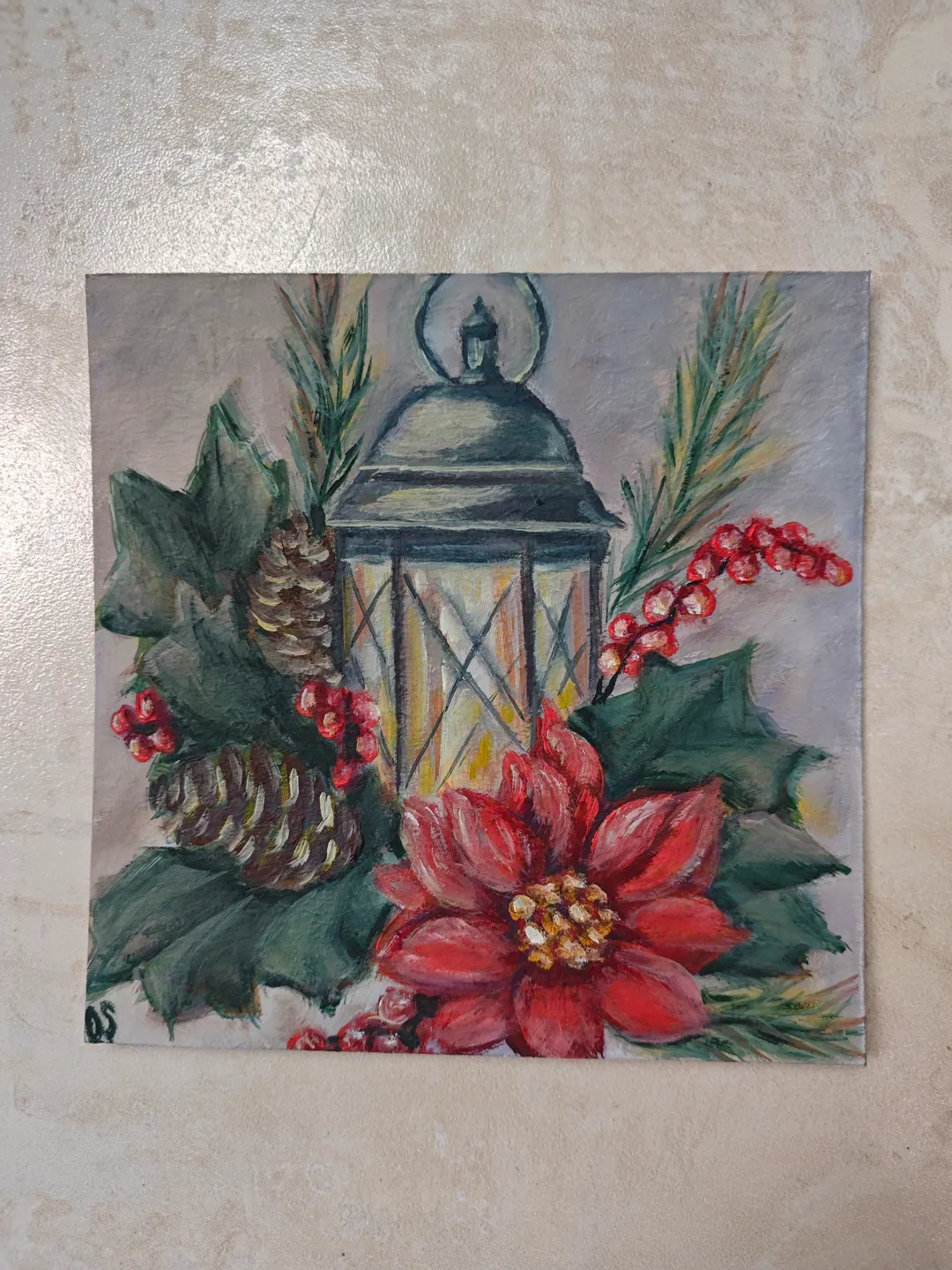 Christmas Mistletoe Original Painting Red Mistletoe And Flashlight Original Art X-mas Tree And Mistletoe Artwork Christmas Red Poinsettia Flower Oil Painting 8 x 8 inches by OlgaSokolovaArt