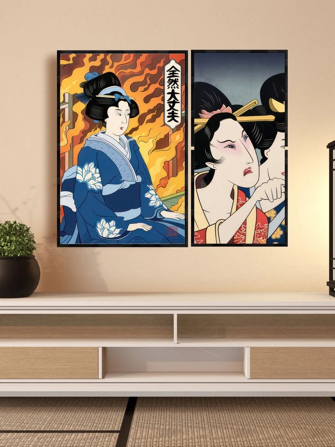 Geysha Samurai Wall Art Japanese Print Art Set of 3 Graceful