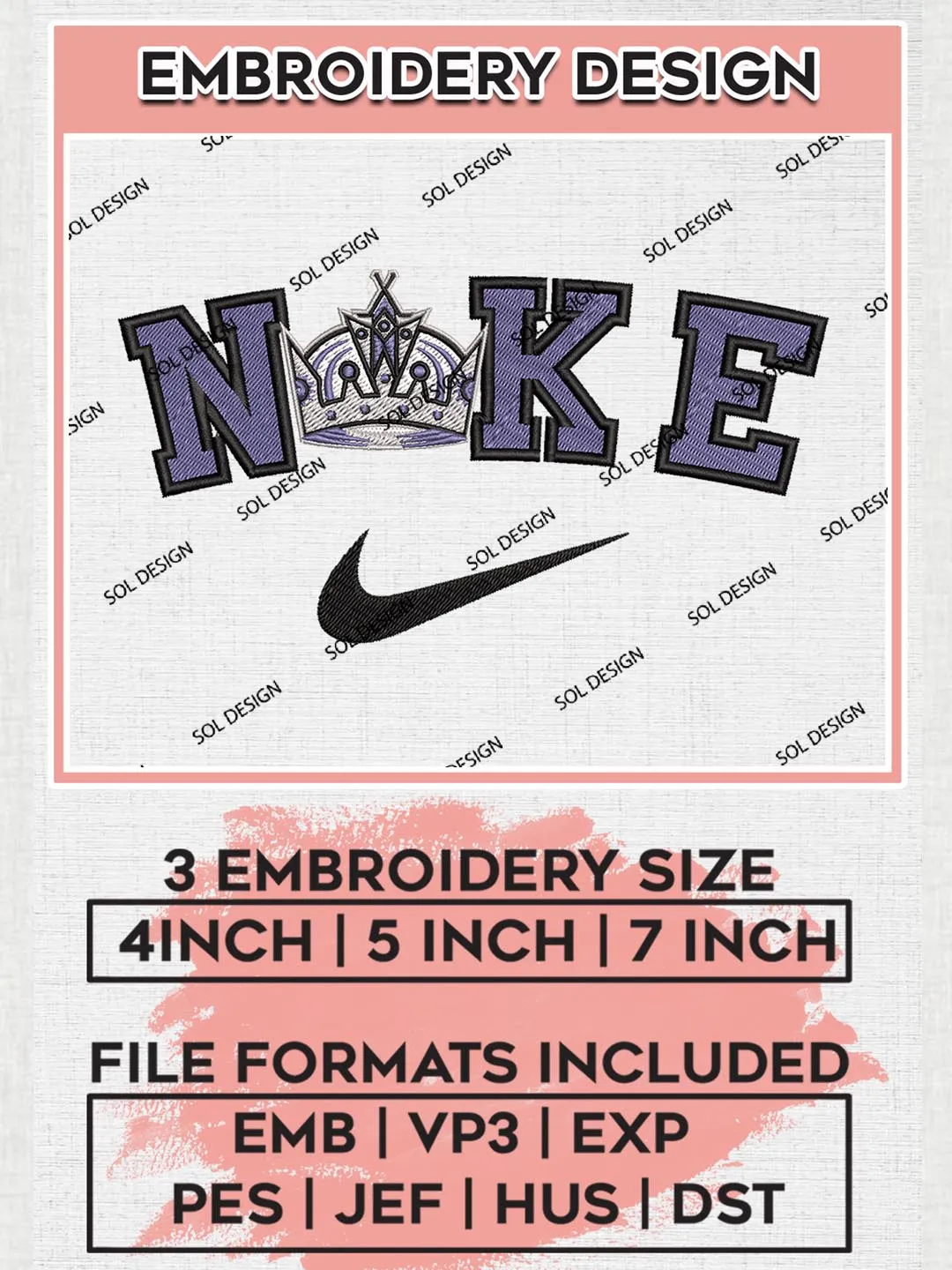 Nike Los Angeles Kings Machine Embroidery Files, NHL Los Angeles Kings Embroidery Designs, NHL Kings Logo, NHL Machine Embroidery Designs, Digital Download