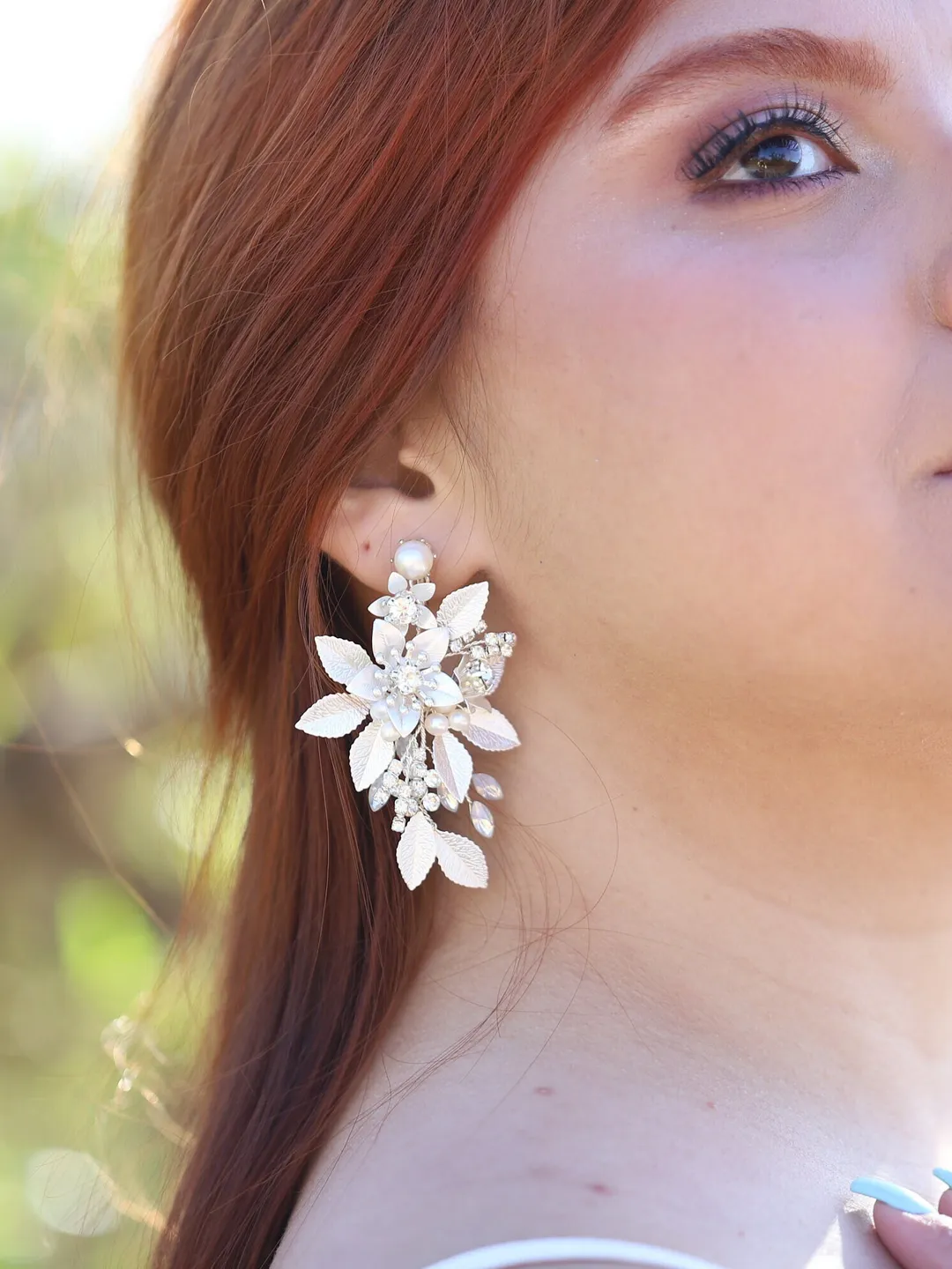 Freshwater Pearl Bridal Earrings, Opal Crystal Wedding Earrings, Floral Bridal Earrings, Leaf Wedding Earrings, Flower Statement Jewelry