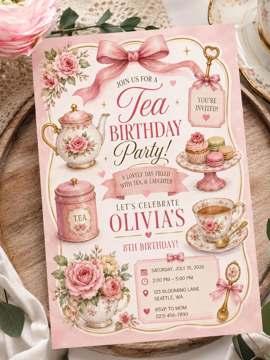 Tea Party Birthday Invitation, Editable Tea Party Invitation Template, Girl Birthday Invite, Tea Invite, Instant Download, Canva Template