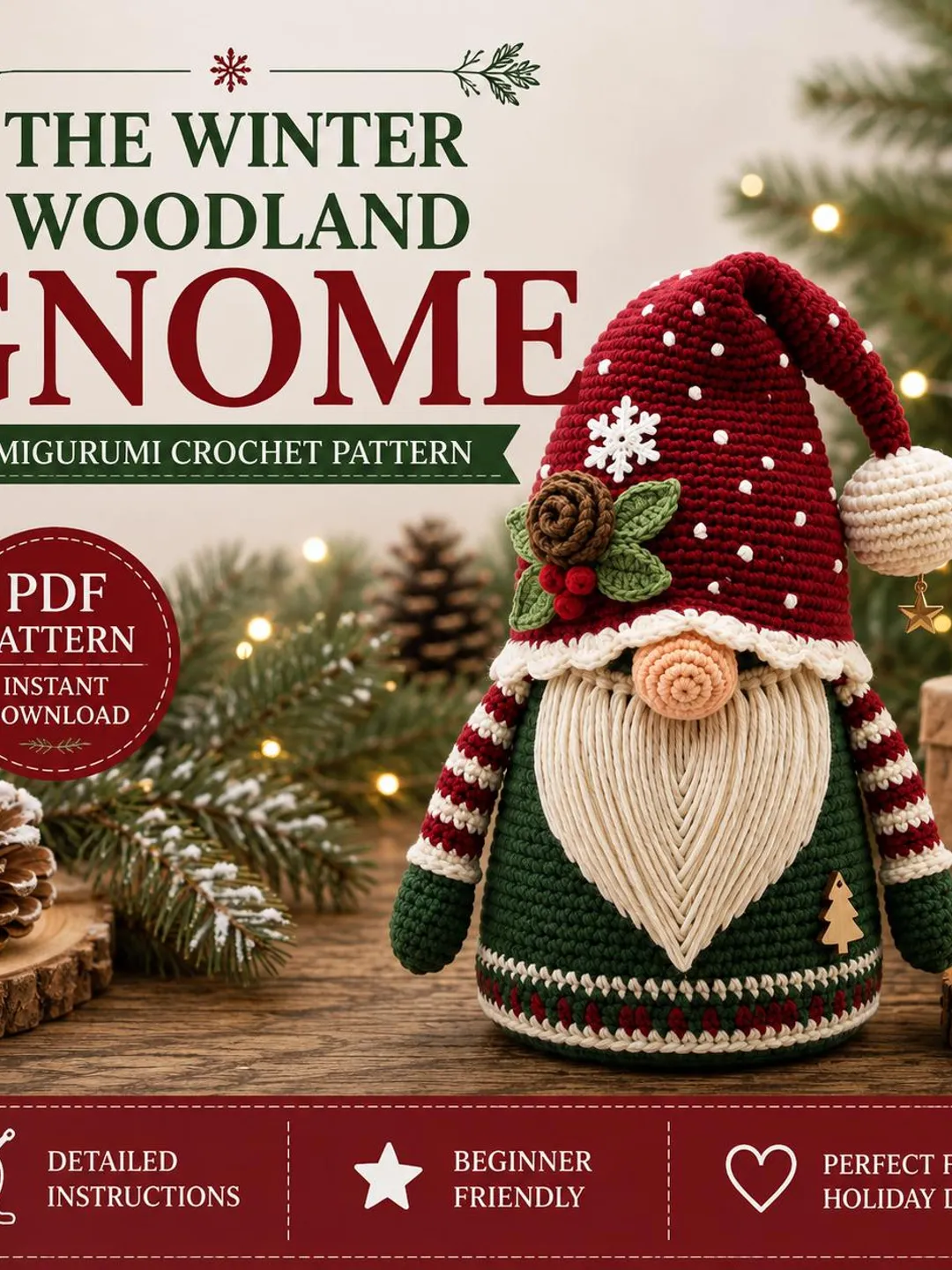 Winter Gnome Crochet Pattern, Christmas Gnome Amigurumi Pattern, Crochet Gnome PDF, Holiday Gnome Doll, Woodland Gnome Digital Download
