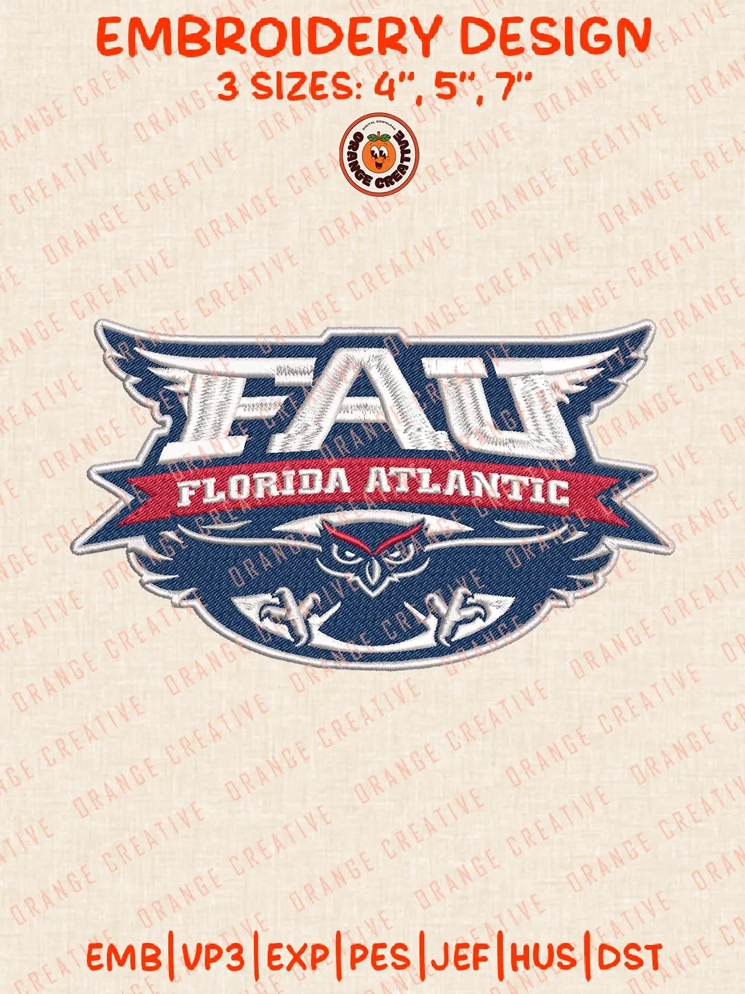 FAU Owls Logos Embroidery Design Files, NCAA Logos Embroidery Designs, NCAA Florida Atlantic Owls Machine Embroidery Files, 3 Sizes, Custom Sizes, Instant Download