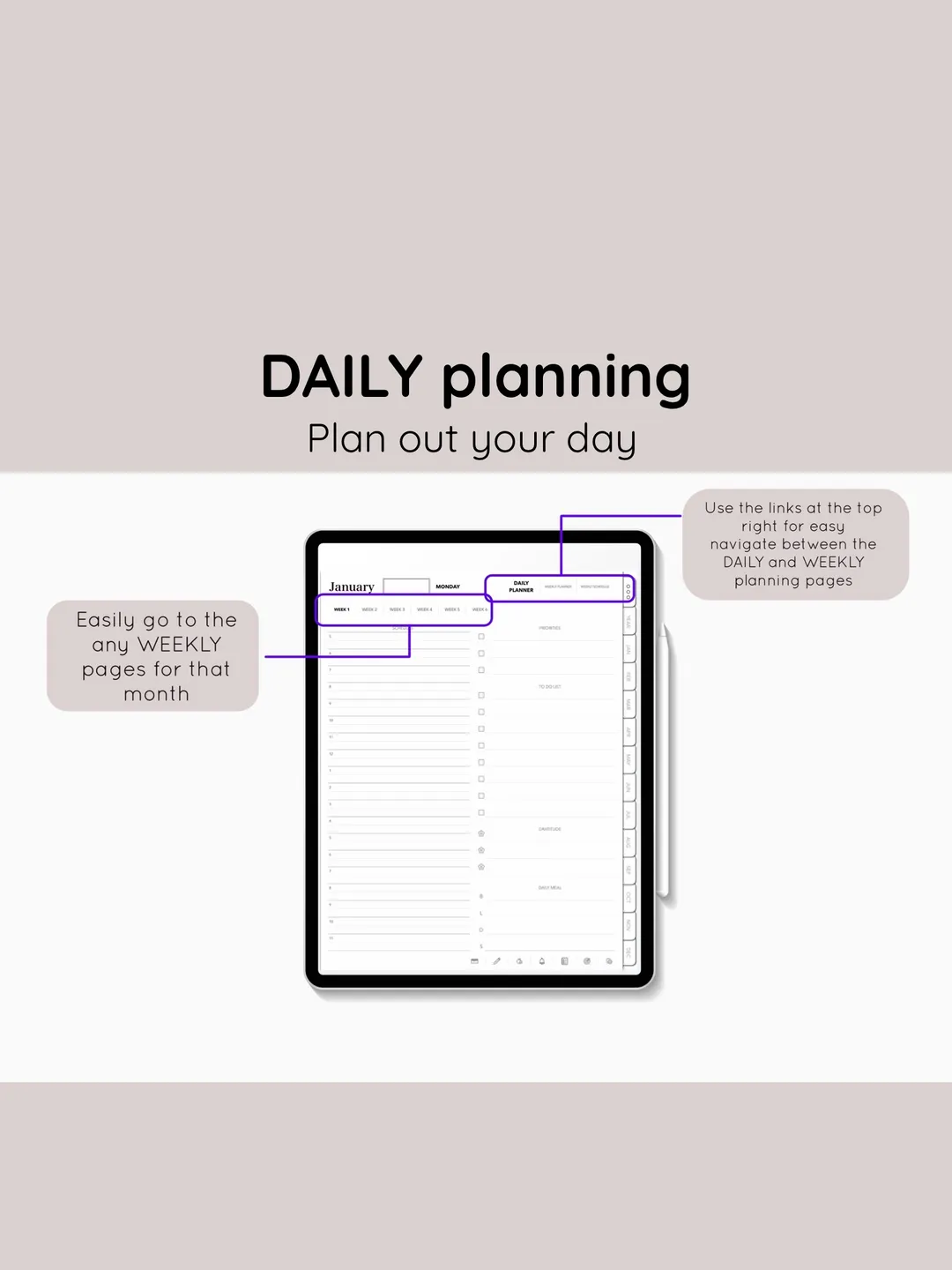 Undated digital planner. GoodNotes PDF planner. Hyperlinked Android Planner
