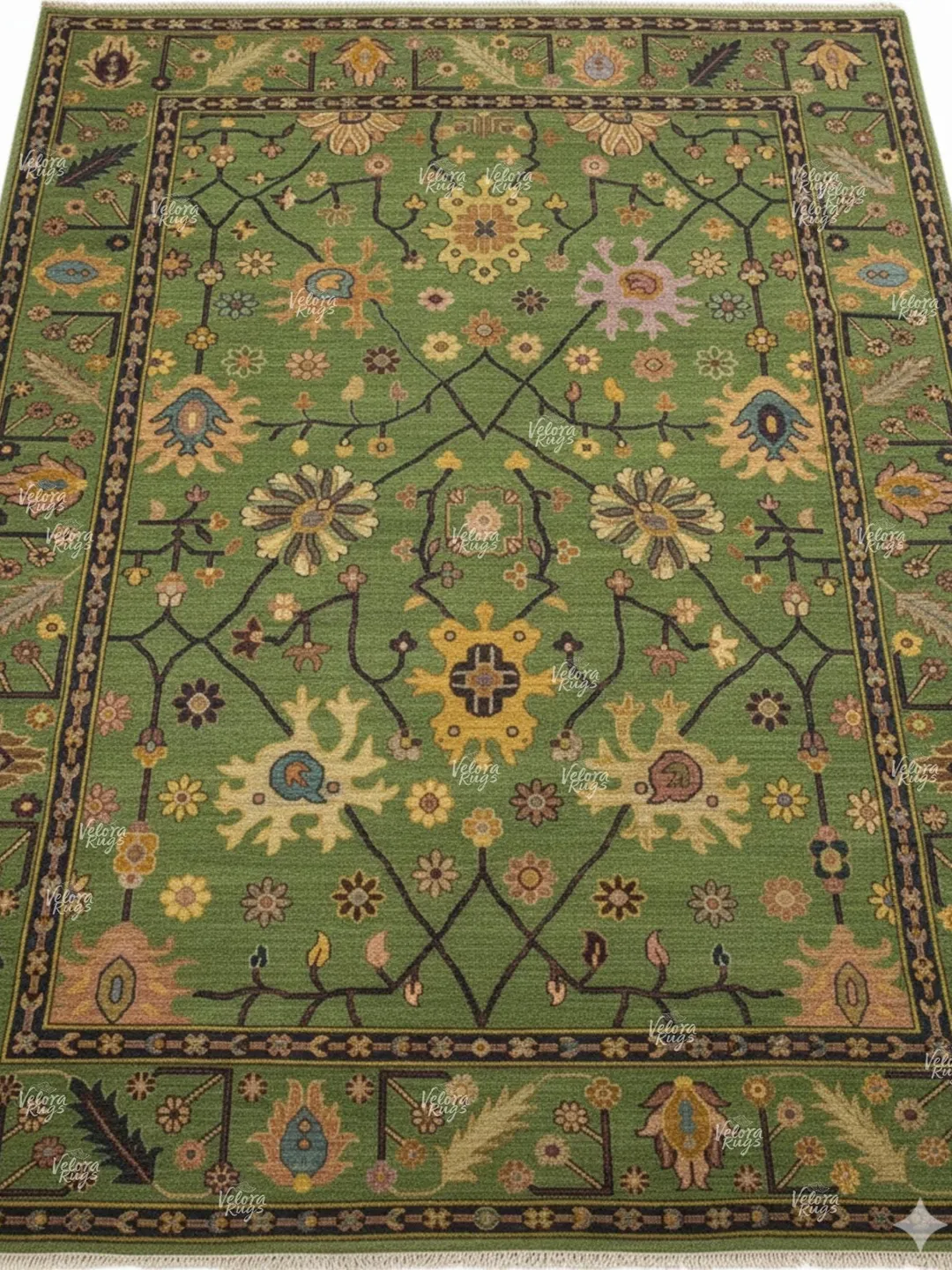 Green Indo Oushak Hand Knotted Rug, Antique style Handmade Wool Rugs for Living Room - Contemporary Floor Carpet