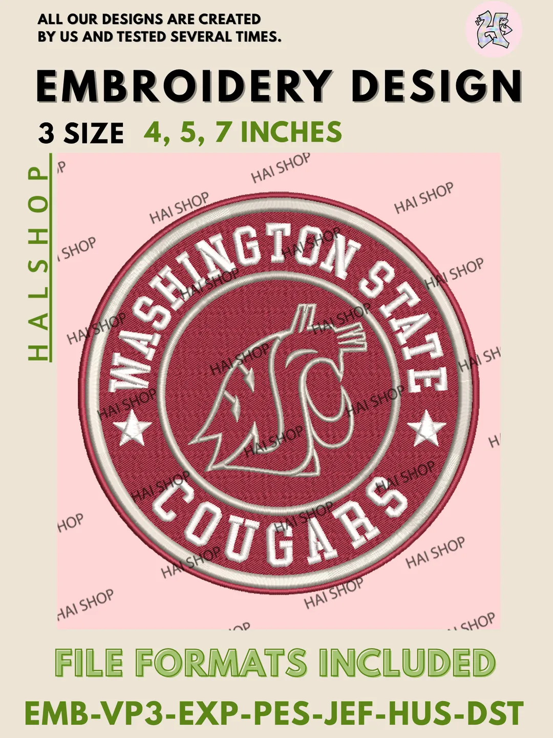 NCAA Washington State Cougars Team Mascot Logo Machine Embroidery Design Files, Washington State University College Team Logo Embroidery, NCAA Machine Embroidery Designs, Digital Download
