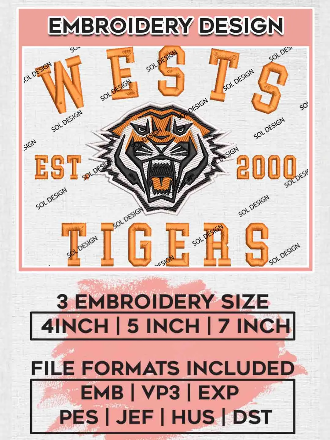 NRL Wests Tigers Est 2000 Embroidery Design, National Rugby League Embroidery Design, Wests Tigers Logo Embroidery Design, NRL Machine Embroidery Digitized Pes File, 3 Sizes, Instant Download