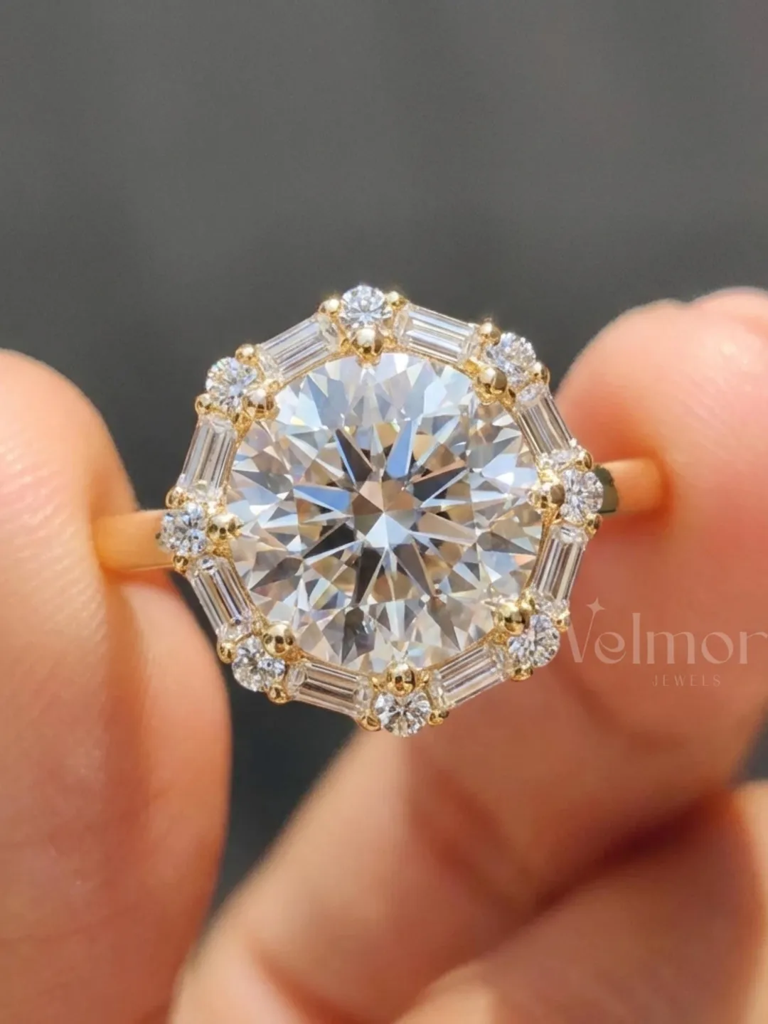 Round Halo Moissanite Engagement Ring, Baguette Diamond Accents, 18K Yellow Gold Statement Ring