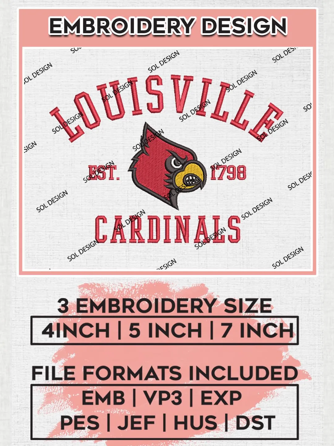Louisville Cardinals Est 1798 Embroidery Designs, NCAA Louisville Cardinals Team Embroidery, NCAA Team Logo, 3 sizes, Machine embroidery Files, Digital Download
