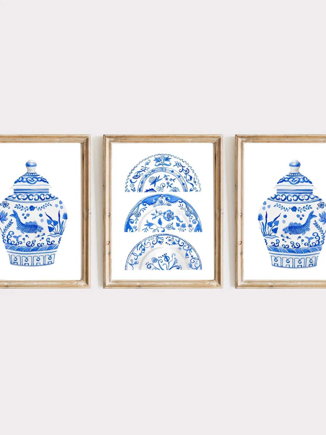 Chinoiserie Wall Art Set Of 3 Art Prints Watercolor Painting Blue White Porcelain Vintage Art Prints Chinese Jar Painting Porcelain Vase Art