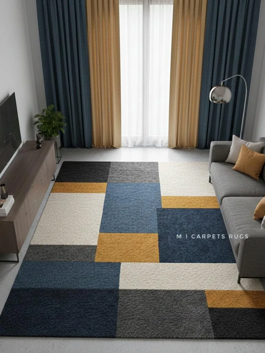 Abstract Carpet in Navy Blue, Mustard Gold & Grey - Soft Hand-Tufted ...