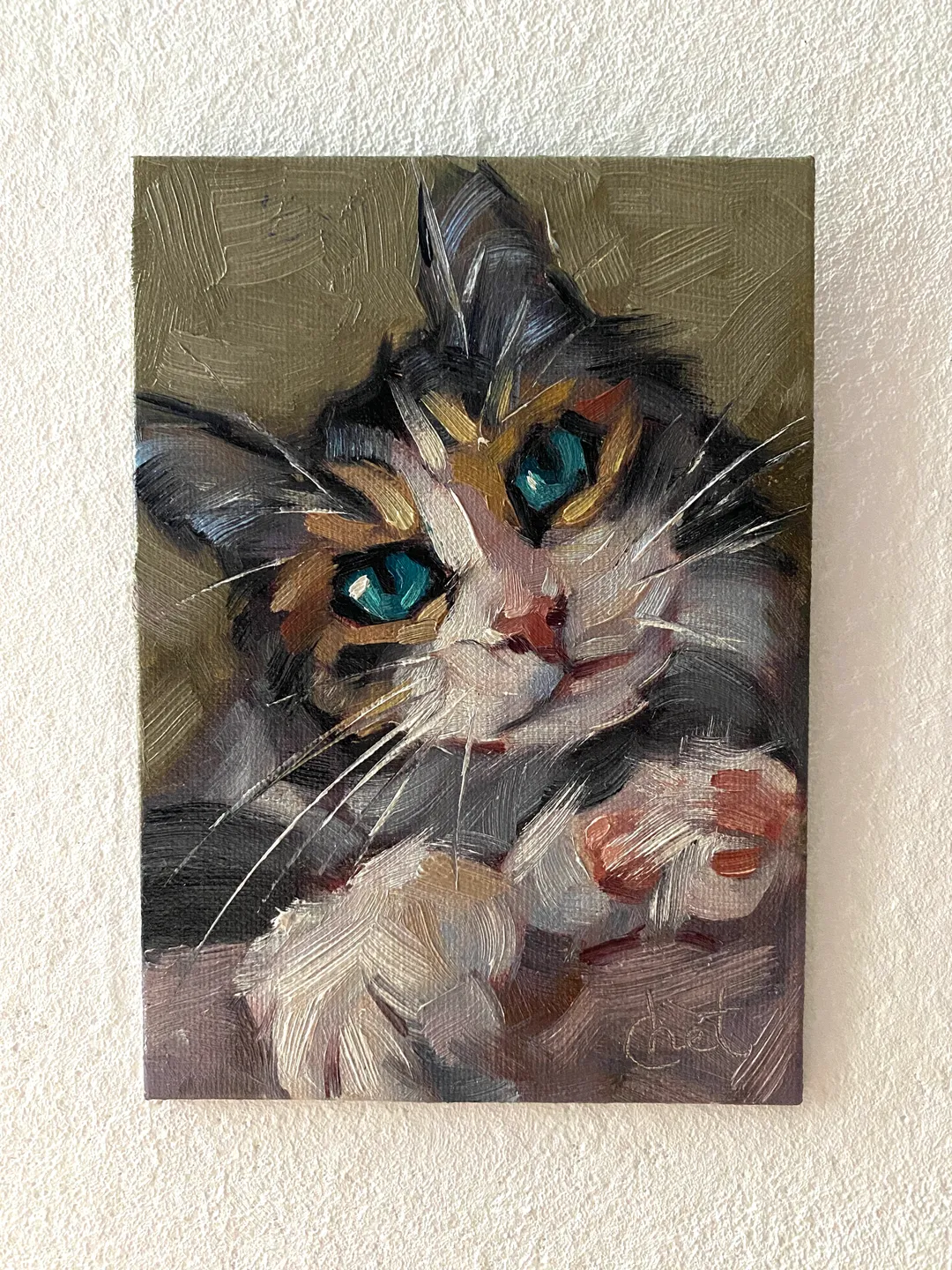 Cat oil painting original, Pet portrait artwork, Animal miniature wall art 4x6