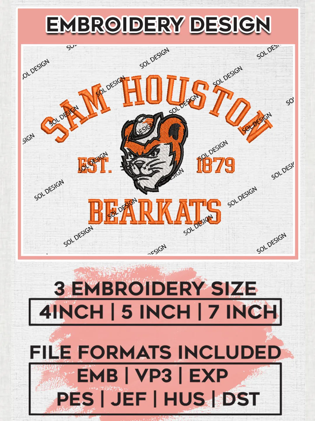 Sam Houston Bearkats Est 1879 Embroidery Designs, NCAA Sam Houston Bearkats Team Embroidery, NCAA Team Logo, 3 sizes, Machine embroidery Files, Digital Download