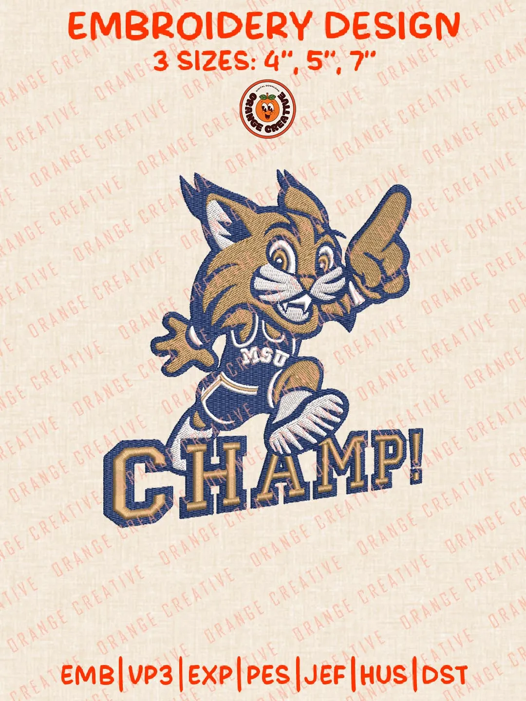 NCAA MSU Champ Embroidery Design, NCAA Montana State Bobcats Team Logo Embroidery Design, Machine Embroidery Design File, 4 Sizes, Custom Size, Digital Download